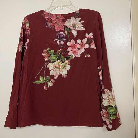 Rococo sands red floral silk long sleeve vneck blouse top size medium - Picture 4 of 6